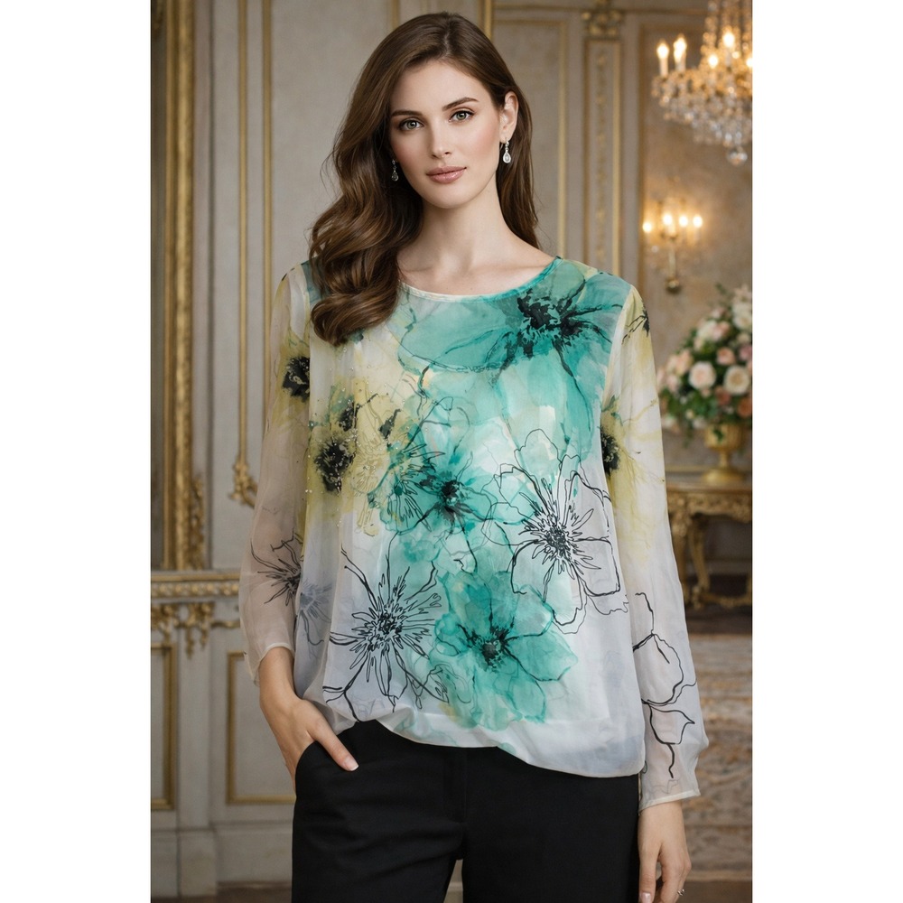 Alfani Sheer Blouse Tunic Under Shirt SZ PM Beaded Asymm Sleeve Aqua Magnolia